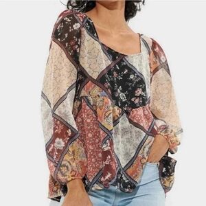 American Eagle Patchwork Floral Chiffon Top, M| Boho, Fairycore, Bandana, Peplum